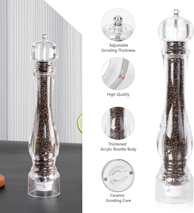 LHS 12 Inch Pepper Mill Grinder Salt Grinder, Arcylic Peppercorn Grinders with Adjustable Coarseness-Clear