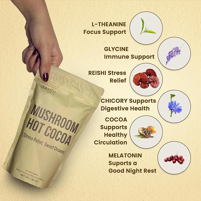 SAYUU Mushroom Coffee Hot Cocoa Mix –Instant Coffee Blend Enriched with Reishi, L-Theanine, Melatonin, Rich Cacao Flavor, Gut & Immune Health Support, Quick & Easy Bedtime Drink - 20 Servings