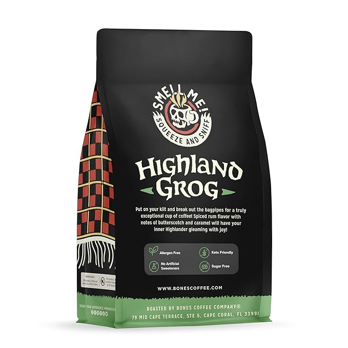 Bones Coffee Company Highland Grog, Butterscotch Caramel Flavored Coffee, Medium Roast Low Acid Arabica Beans Compatible with Auto drip and French Press Coffee Maker, 12 Oz Whole Bean