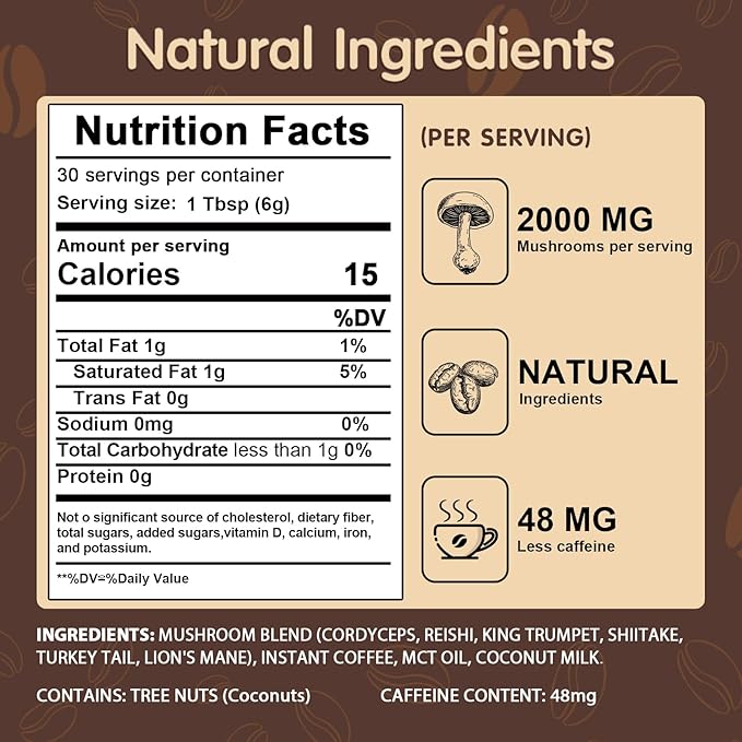 Mushroom Coffee, 6 Adaptogenic Mushrooms with Lion's Mane, Cordyceps, Turkey Tail & More, Instant Mushroom Coffee for Focus, Energy, Immune & Digestion Support