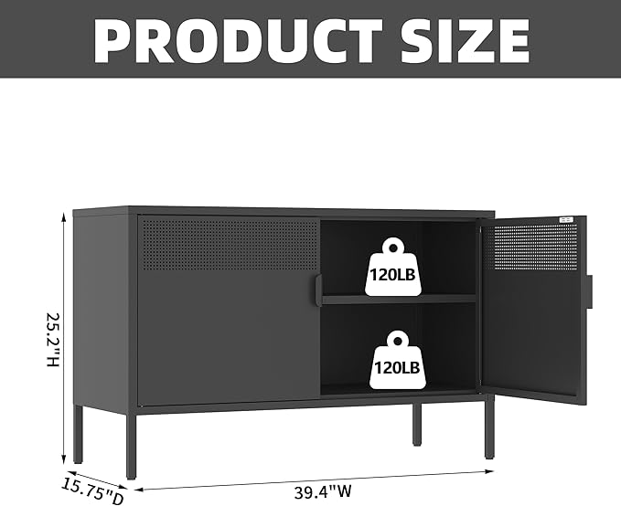Metal Storage Cabinet,2 Door TV Stand, Metal Mesh Accent Cabinet,Magnetic Door Closure,Low Storage Cabinets with Doors and Shelf for Home,Office,Living Room