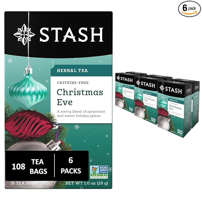 Stash Tea Christmas Eve Herbal Tea - Naturally Caffeine Free, Non-GMO Project Verified Premium Tea with No Artificial Ingredients, 18 Count (Pack of 6) - 108 Bags Total