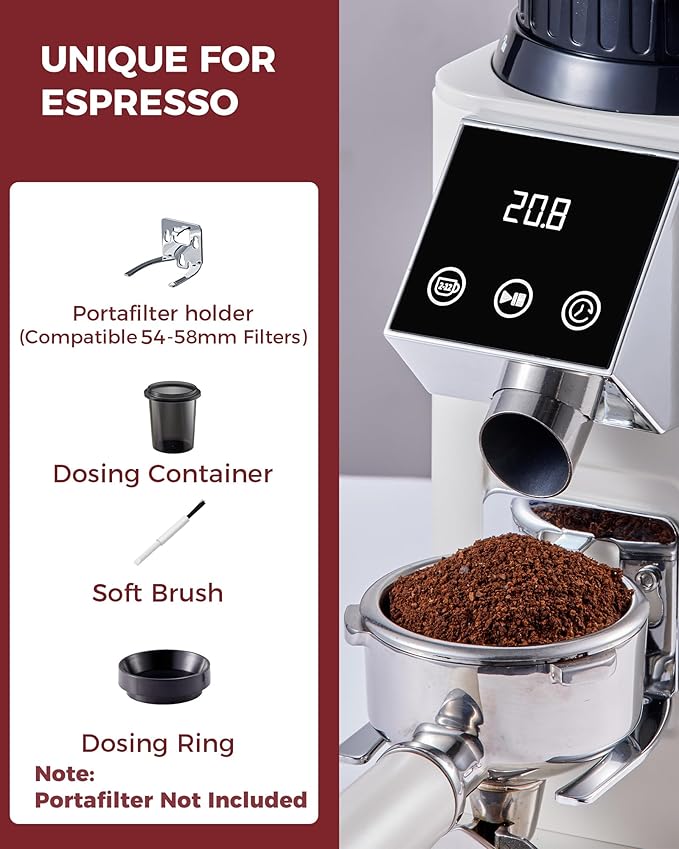 Tuni G1 Conical Burr Coffee Grinder, 48 Grind Settings Anti-static Burr Mill, Precision Electronic Timer and LED Touchscreen for Espresso/Drip/Cold Brew/French Press, Stainless Steel, Ivory