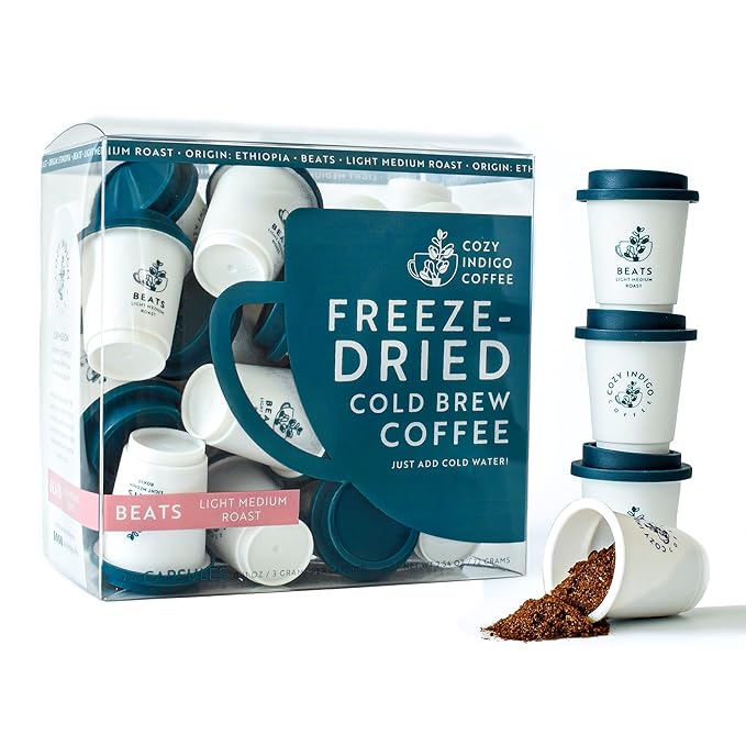 COZY INDIGO COFFEE - BEATS Cold Brew Light Medium Roast Instant Freeze Dried Specialty Coffee, 24 Capsules, 100% Arabica, Enjoy Cold or Hot, Perfect for Travel and On The Go