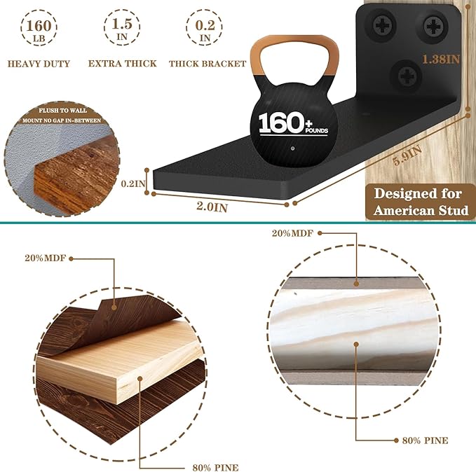 Rustic Brown Floating Shelves 25 Inch Rust Brown Shelves for Wall with 1/5" Thicker Steel Brackets | Heavy Duty Farmhouse Wall Shelves | Solid wood Core | Rustic Floating Shelves for Décor Set of 2