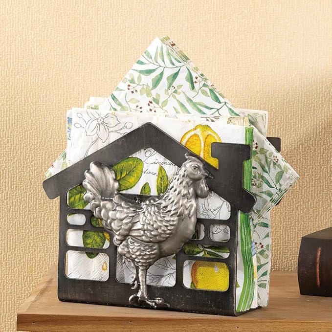 Metal Napkin Holder for Table, Antique Rooster Decorative Farm Style, Rustic Vertical Tissue Paper Napkins Holder for Paper Napkins (Rooster/Black)