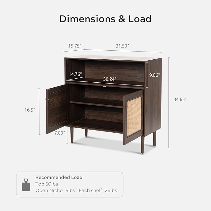 Rattan Sideboard Cabinet Set of 3, Boho Buffet Storage Cabinet Farmhouse Credenza Cabinets with Doors and Adjustable Shelves for Living Room, Dining Room, Entryway, Kitchen(Natural Oak)