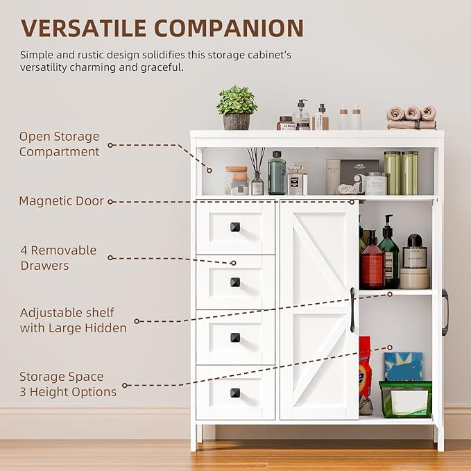 Vabches Farmhouse Storage Cabinet with 2 Doors and 4 Drawers, Freestanding Bathroom Compartment Kitchen Pantry Cabinet, Floor Cupboard for Kitchen/Living Room/Bathroom,White