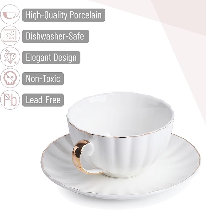 BTaT- White Tea Cups and Saucers Set of 12 (7 oz), Porcelain White Tea Cup Set of 12 with Golden Trim Design, Dishwasher Safe, Christmas Gifts