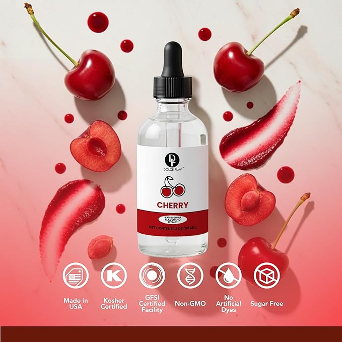 Dolce Flav Natural Cherry Extract – 2 oz Water-Soluble Pure Cherry Flavoring Drops for Baking, Drinks & Desserts | Highly Concentrated | Sugar Free | Allergen Free | Made in USA