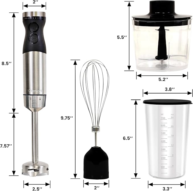 Kenmore Immersion Blender - Handheld Stick Mixer, Electric Hand Blender with Stainless Steel Shaft, Whisk, Variable Speed for Smoothies, Milkshakes, Baby Food, Puree, Batidora de Inmersión