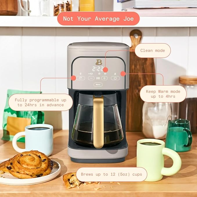 Beautiful 12 Cup Programmable Coffee Maker, Drip Coffee Machine with Glass Carafe, Automatic Brew Strength Control, Espresso Maker Function, Compact Espresso Machine (Porcini Taupe)