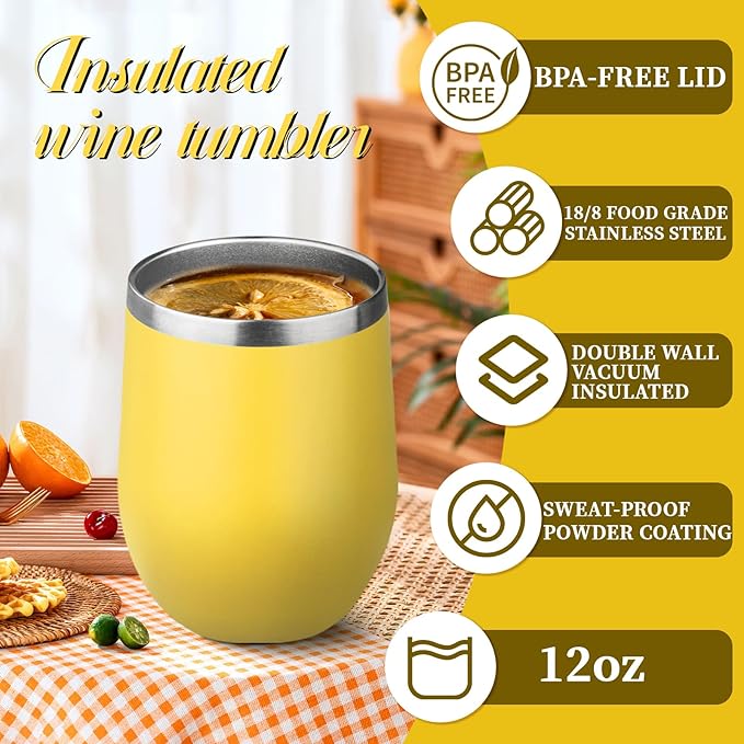 12oz Stemless Wine Tumbler with Lid Double Wall Insulated Wine Cup Stainless Steel Glasses Tumbler with Straw Insulated cocktail Tumbler Coffee Mug for Hot and Cold Beverages (Multicolor-8,4Pack)