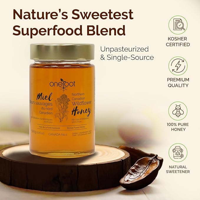 OneRoot Natural Wildflower Honey - 1.1 lbs / 500g, Pure Canadian Boreal Forest - Unpasteurized, Minimally Filtered & Single-Source - Rich in Enzymes & Antioxidants - Raw Liquid Honey