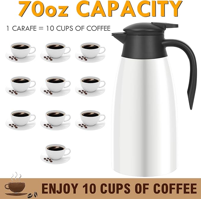 70oz Thermal Coffee Carafe Insulated Coffee Thermos Airpot, Stainless Steel Coffee Carafes Urn For Keeping Hot, Double Walled Insulated Vacuum Flask, Hot Beverage Drink Tea Coffee Dispenser, White