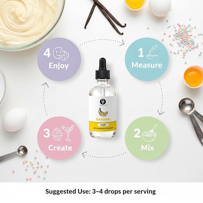 Dolce Flav Banana Extract – 2 Ounce Oil-Soluble Kosher, Sugar-Free, Concentrated Ripe Banana Flavoring for Baking, Smoothies & Ice Cream, Includes Measured Dropper