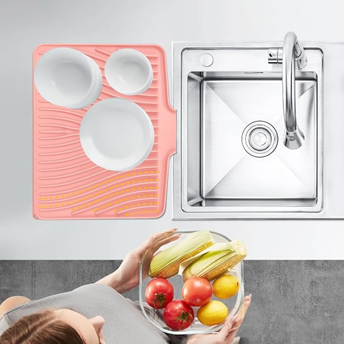 Silicone Dish Drying Mat for Kitchen Counter, Dish Drying Pad, Non-Slip Drain Pad with Built-in Drain, Heat Resistant Stone Drying Mat(15.8" x 13", Pink)
