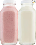 kitchentoolz 16oz Square Glass Milk Bottle with Lid - Airtight Vintage Reusable Dairy Drinking Jars Containers for Milk, Yogurt, Smoothies, Juice, Kefir, & Water -2 Pack 16 oz Glass Bottles with Lids