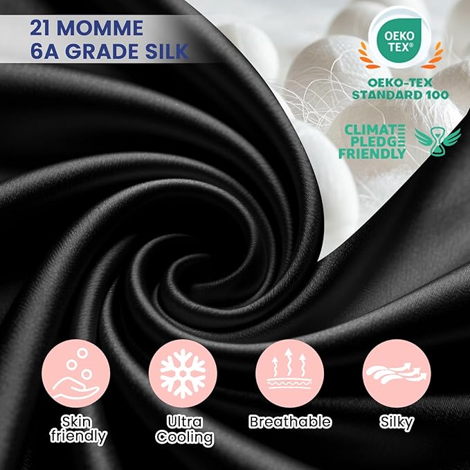 Ravmix Silk Pillow Cases with Zipper, 21momme Mulberry Silk Pillowcase for Hair Skin Health, Soft Smooth Breathable Cool Pillow Cover for Beauty Sleep with Gift Box 1PC(Queen 20"x30", Black)