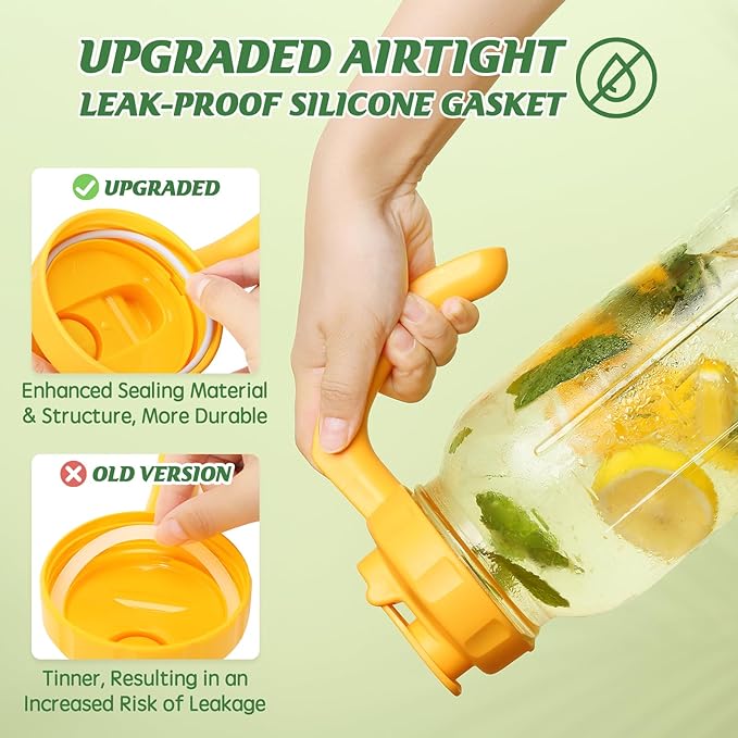 Soligt Glass Mason Jar Pitcher with Lid, Wide Mouth Flip Cap Pour Spout Leak-proof Lid with Handle, 64 oz (2 Quart /1.9 Liter), for Sun Tea/Iced Tea/Juice/Cold Brew Coffee/Milk (1 Pack, Vivid Yellow)