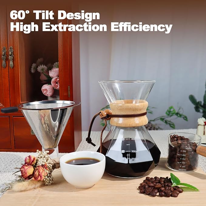 Pour Over Coffee Pot Set 400ml 13.5oz Features 304 Stainless Steel Filter Glass Coffee Pot with High Borosilicate Glass Duckbill Spout Design Solid Wood Handle Pour Over Coffee Daily Brewing