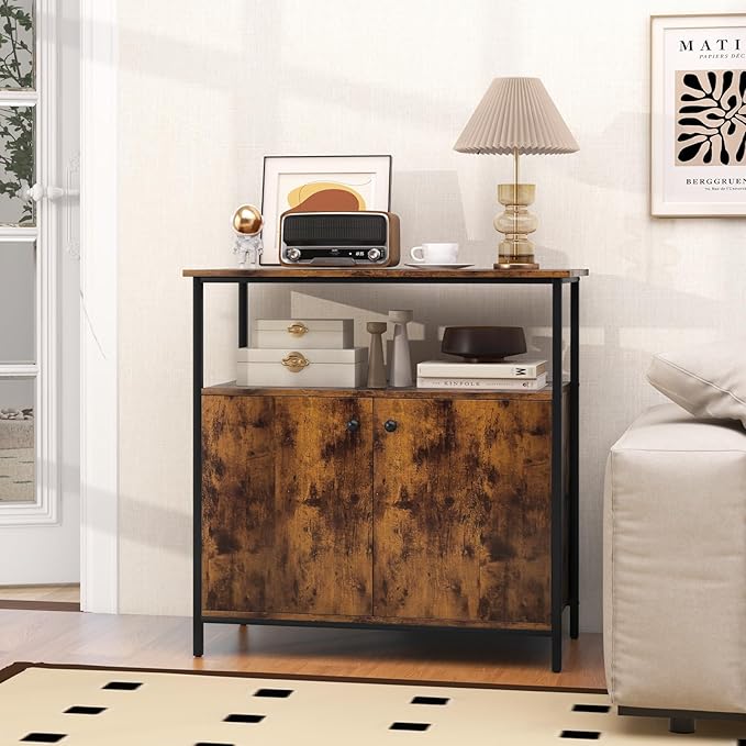 Buffet Cabinet, Industrial Storage Cabinet with Doors and Shelves, Wood Buffets & Sideboards, Farmhouse Coffee Bar, Rustic Console Table for Kitchen, Dining Living Room, Entryway