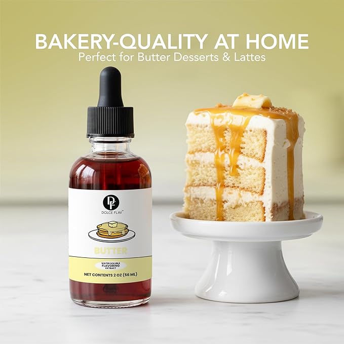 Dolce Flav Butter Extract – 2 Ounce Water-Soluble Kosher, Sugar-Free, Concentrated Imitation Butter Flavor for Baking, Cookies & Frostings, Includes Measured Dropper