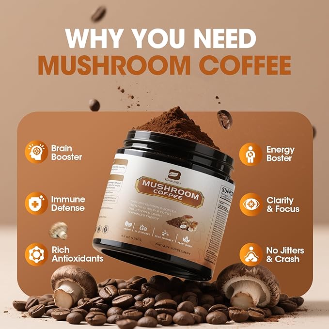 B BEWORTHS 2Pack Mushroom Coffee Powder with MCT Oil - 10 Mushroom Lion's Mane, Turkey Tail, Reishi, Cordyceps & Chaga - Instant Arabica Mushroom Coffee for Focus, Immune, Gut & Brain Health | Keto