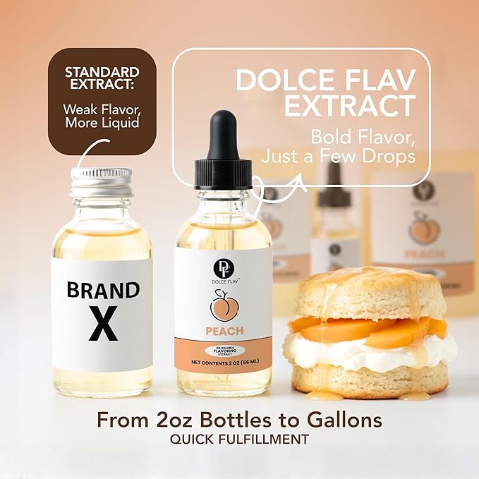 Dolce Flav Peach Extract – 2 Ounce Oil-Soluble Kosher, Sugar-Free, Concentrated Juicy Peach Flavoring for Baking, Chocolates & Desserts, Includes Measured Dropper