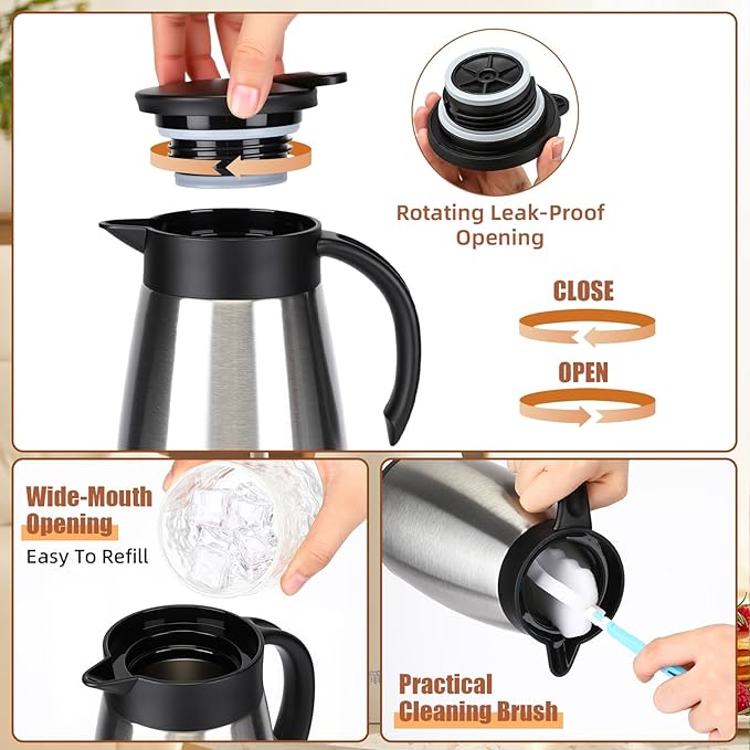 Uiifan 2 Pcs 51 Oz Thermal Coffee Carafe Stainless Steel Insulated Vacuum Coffee Carafes Double Walled Vacuum Thermal Pot Flask with Brushes for Keeping Cold Hot Tea Water Milk Home Office (Silver)