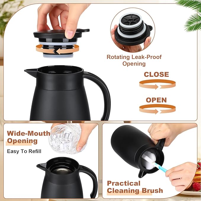 Uiifan 2 Pcs 34 Oz Thermal Coffee Carafe Stainless Steel Insulated Vacuum Coffee Carafes Double Walled Vacuum Thermal Pot Flask with Brushes for Keeping Cold Hot Tea Water Milk Home Office (Black)