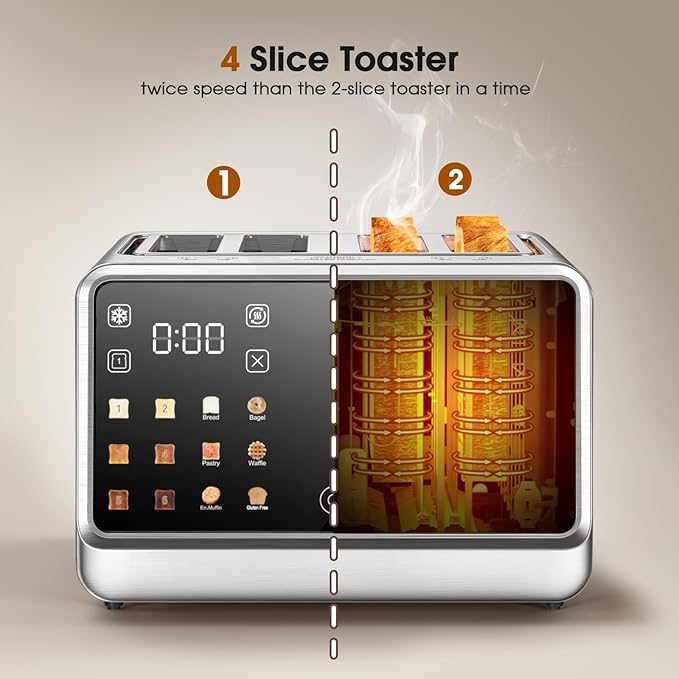 Touch Screen Toaster 4 Slice, Digital Smart Dual Control Touchscreen, Stainless Steel, 6 Toast Types & Levels include Bread, Bagel, with Defrost/Reheat/Single Slot Toasting Function