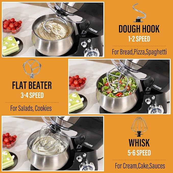 6-in-1 Multifunctional Stand Mixer, 5.3Qt 660W, 6-Speed Tilt-head, Electric Kitchen Mixer with Stainless Steel Bowl,Meat Grinder, Juice Blender (Black)