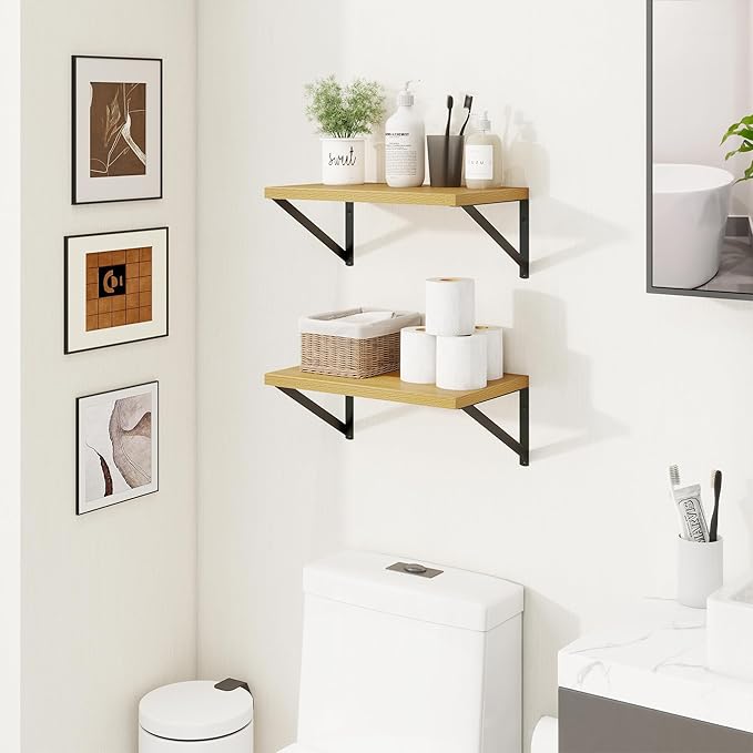 Axeman Deep Floating Shelves for Wall - 10 Inch Deep Floating Shelves Set of 2-16" W x 10" D Oak Wall Shelves for Living Room Bathroom Bedroom