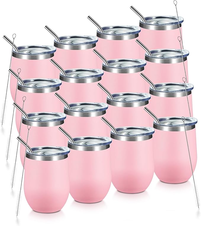 COMOOO Stainless Steel Wine Tumbler Glass Bulk with Lid and Straw 12oz Double Wall Vacuum Insulated Travel Tumbler Cup for Coffee Wine Cocktails Ice Cream Cup, Pink, 16 pack