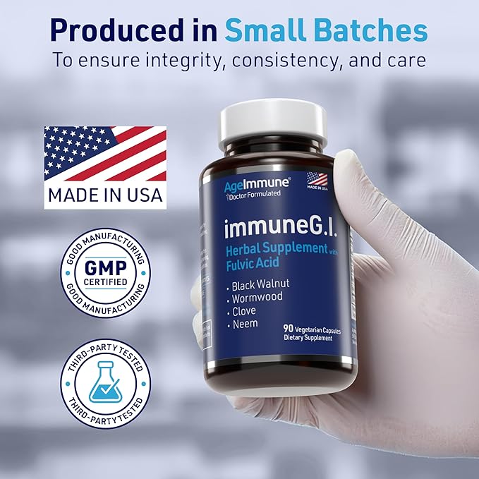 AgeImmune ImmuneG.I. Wormwood Black Walnut Clove Neem Fulvic Acid- Intestinal Cleanse Formula Doctor Formulated to Support Gut Health and Detox - No Stearates, No Dioxides – 90 Capsules