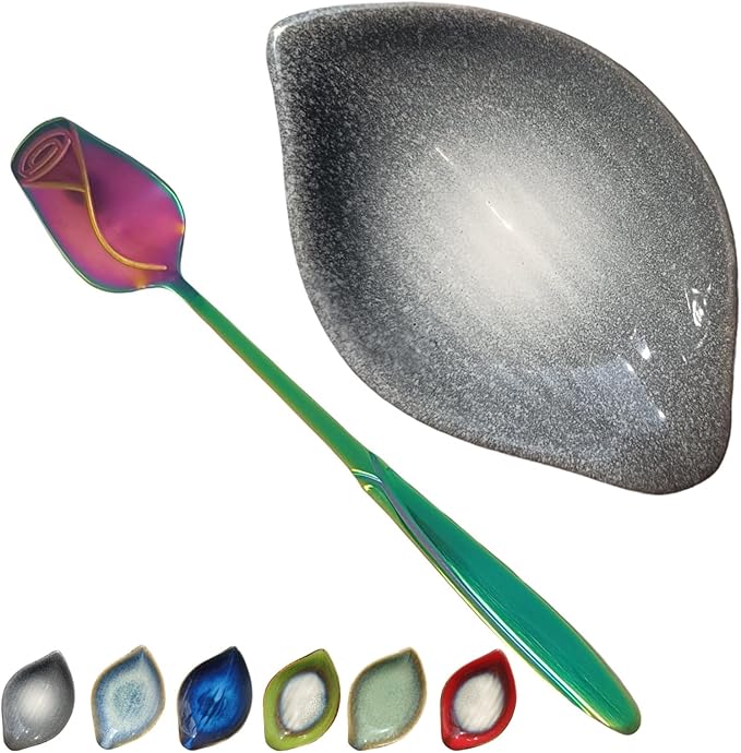 Coffee Spoon and Rest for Coffee Bar Accessories, Leaf Small Spoon Rest for Coffee Station, Tea Spoon Rest Tea Spoon Holder Teaspoon Rest, 1 PC (Retro Volcanic Ash with Rainbow Rose Spoon)