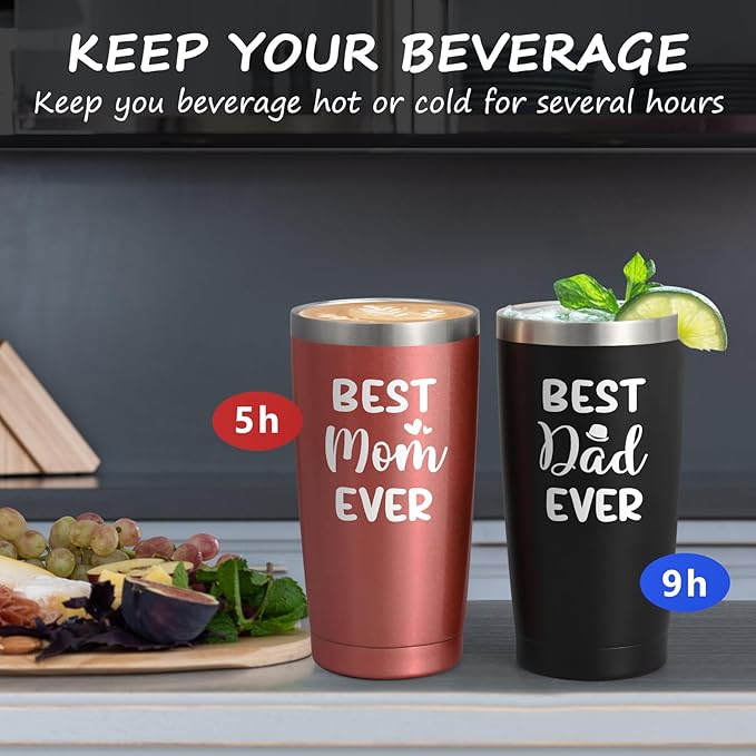 Qtencas Gifts for Parents, Best Mom & Dad Ever Stainless Steel Travel Tumbler Set, Christmas & Birthday Gift (20oz, Black & Rosegold)