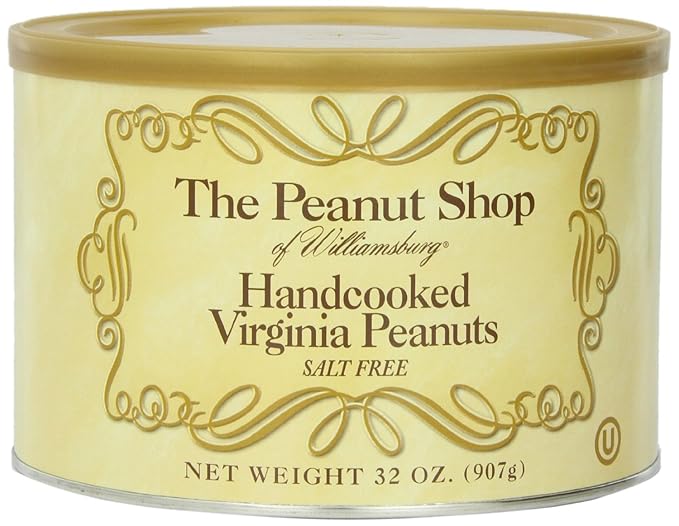 The Peanut Shop of Williamsburg Unsalted Virginia Peanuts, Non-Gmo Handcooked Salt-Free Williamsburg Peanuts Gluten-Free - 32 Oz Tin