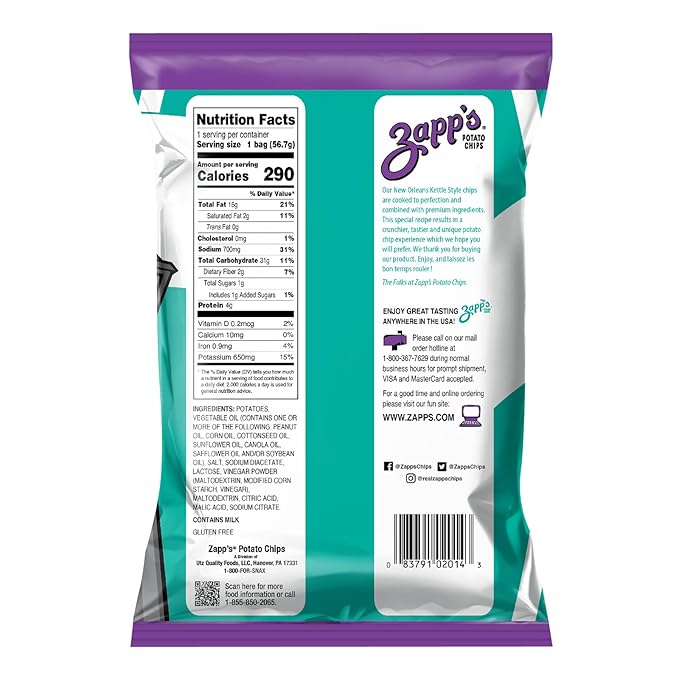 Zapp’s New Orleans Kettle-Style Potato Chips Salt and Vinegar Flavor (2 oz Bags, 25 Count), Crunchy Chips with a Spicy Kick, Perfect On-The-Go, Gluten Free Snack