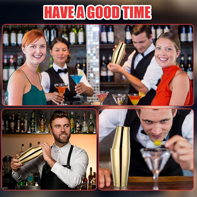 Zhehao 24 Pcs Gold Cocktail Shaker Professional Bar Boston Shaker Set Stainless Steel Martini Shake Drink Mixer Basic Tool Weighted Shake Metal Can Bartending Tins for Beginner, 18oz, 28oz