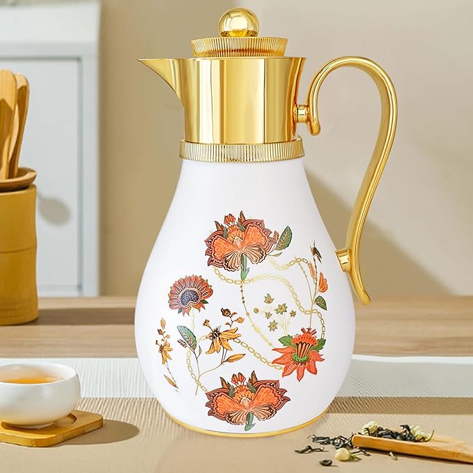 Arabic-Style Insulated Thermal Coffee Carafe, 33 oz, Coffee Pot,Insulated Carafe Flask for Hot Cold Drink Tea,Housewarming Ornaments (Flower)