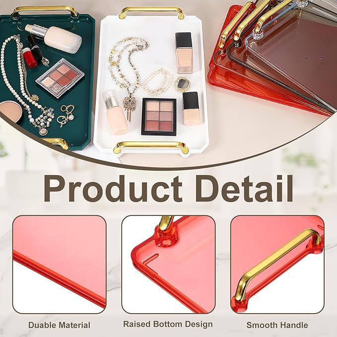 uxcell Plastic Serving Tray with Golden Handle, 12 x 8.6 Modern Rectangular Decorative Tray Acrylic Reusable Tea Platter for Countertop Bathroom Kitchen Home Restaurant, Clear Red