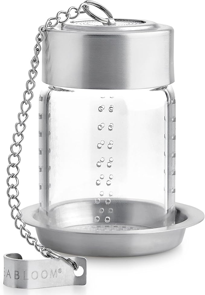 Teabloom Puresteep Glass Tea Infuser with Lid & Drip Tray – Non-Toxic Borosilicate Glass Loose Leaf Steeper with Stainless Steel Chain – Small or Large Size