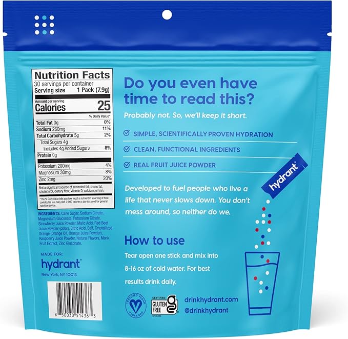 Hydrant - Hydrate Electrolyte Powder, Fruit Punch Flavor, 30 Rapid Hydration Individual Stick Packs - Low Sugar Drink Mix for Daily Use, Travel & Workouts