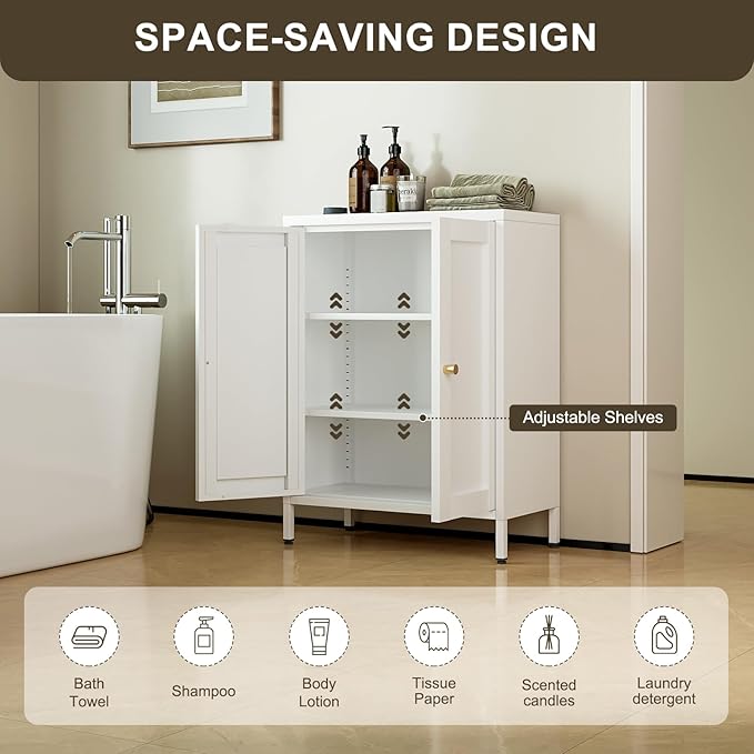 Metal Bathroom Floor Storage Cabinet,Small Storage Sideboard with 2 Doors and 2 Adjustable Shelves, 12" Small Cabinets White Freestanding Locker for Entryway,Living Room,Hallway