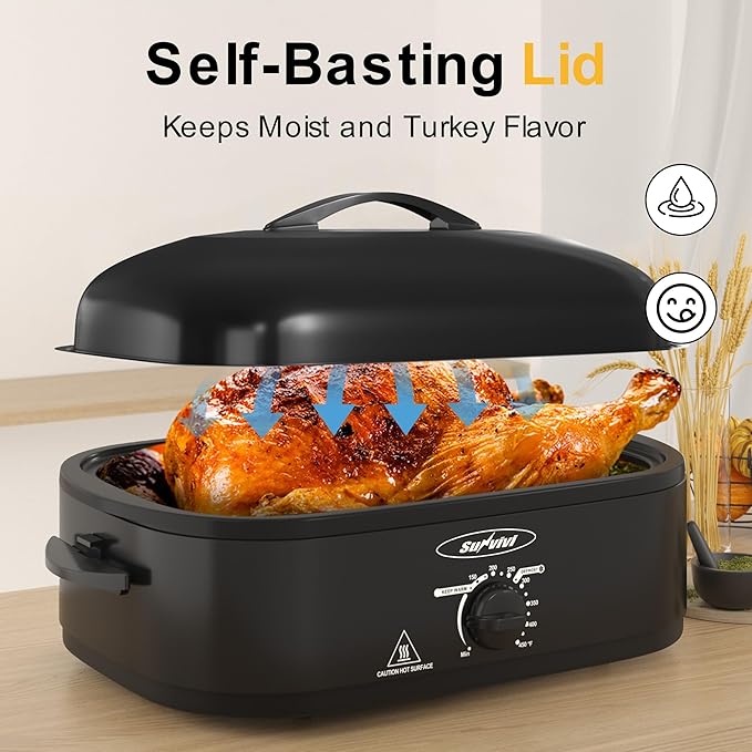 Sunvivi 14-Quart Roaster Oven with Self-Basting Lid, Electric Turkey Roaster Oven with Removable Pan and Rack, Stainless Steel, Black
