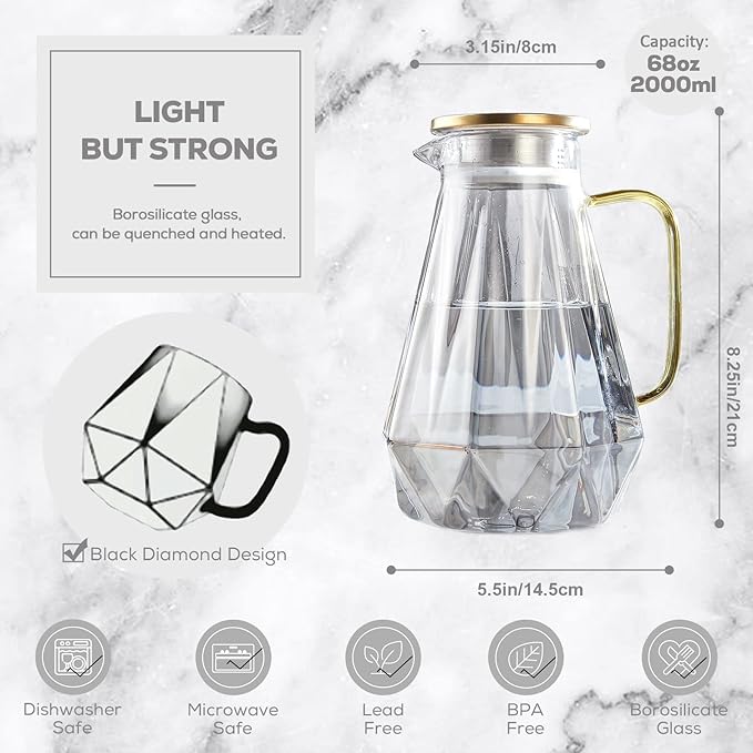 DUJUST Black Diamond Glass Pitcher with Lid [68 oz], Elegant Design Water Pitcher with Handle, Decoration for Room, High Durability Water Glass Carafe for Ice Tea Maker, Beverage, Hot/Cold Coffee
