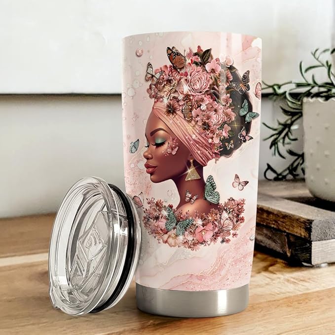 Black Woman Tumbler 20oz Stainless Steel Insulated Coffee Travel Mug Cup for Women Girls Gifts for Birthday Christmas