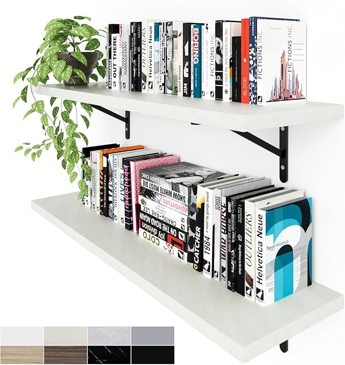 Kaboon 36 inch Long 10 inch Deep Floating Shelves for Wall Set of 2, Large Open Shelves Wall Mounted, Space Saving Home and Commercial Use,Sea Salt/Greyish White